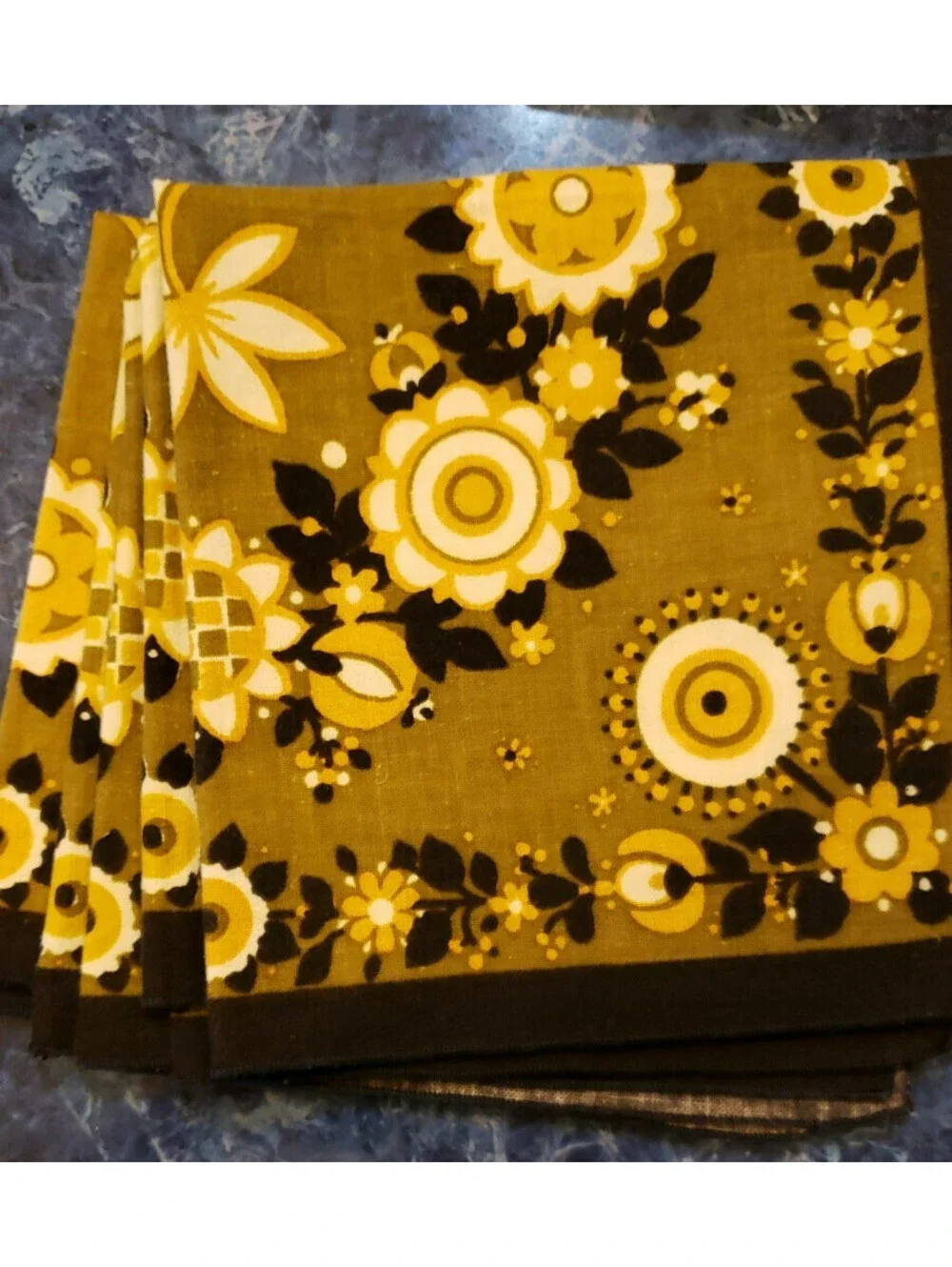 Set of 4 Boho Linen Napkins Black with Olive Green Bird Flowers 16x16
